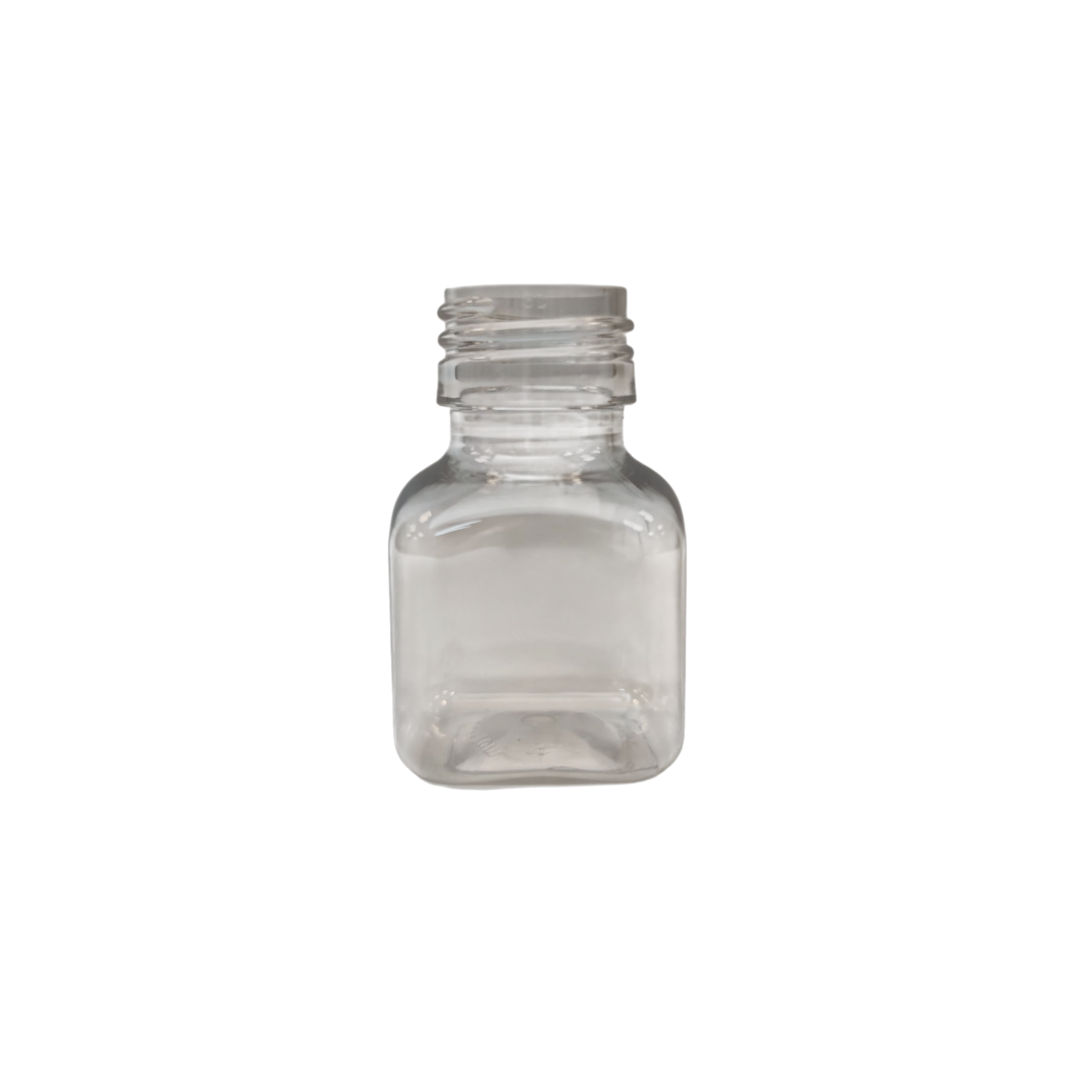 Väike läbipaistev kandiline plastpudel 50ml kael 28mm PET