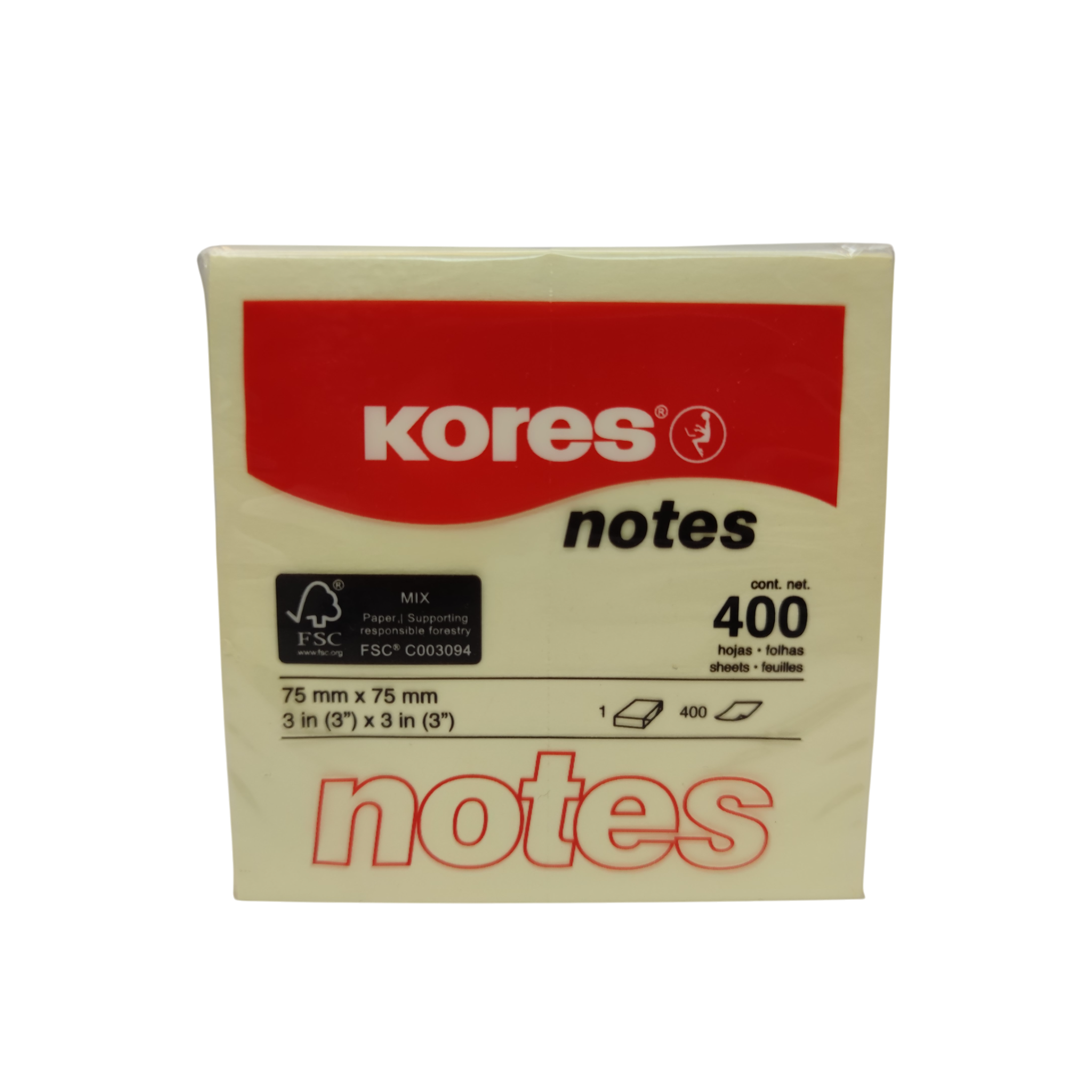 Märkmepaber KORES 75x75mm kollane 400lk/pk