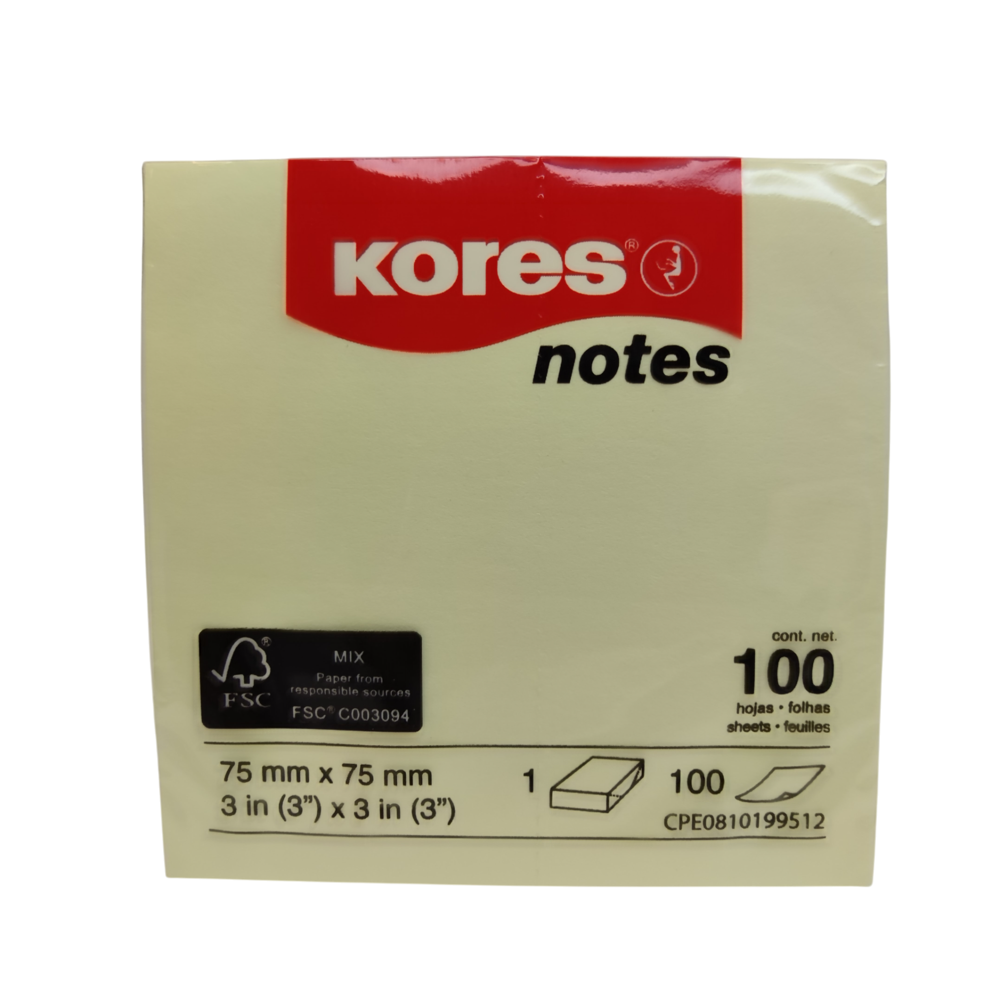 Märkmepaber KORES 75x75mm kollane 100l/pk