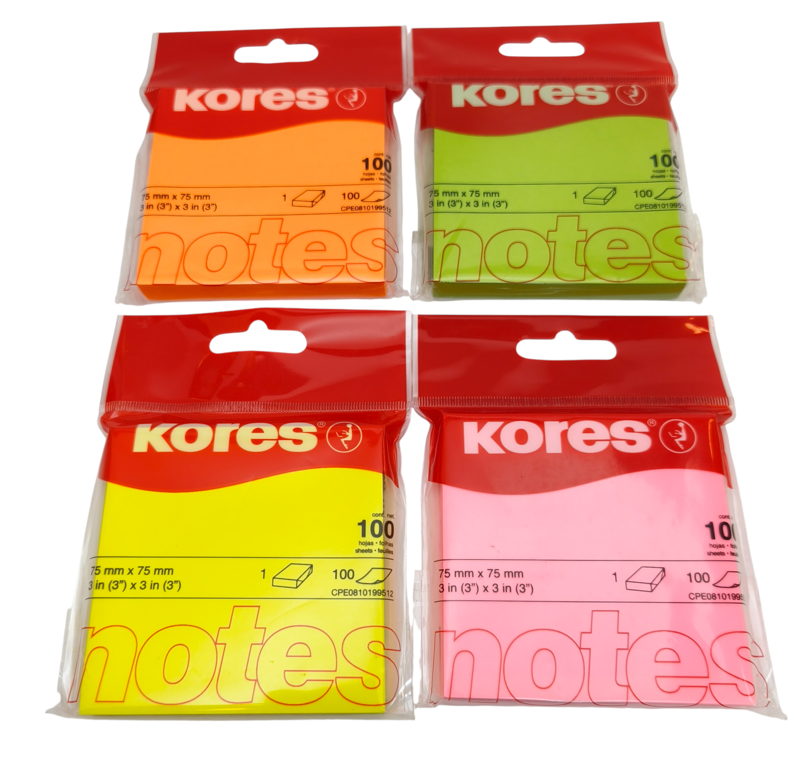 Märkmepaber Kores 75x75mm 100l/pk kollane / oranz / roheline / roosa