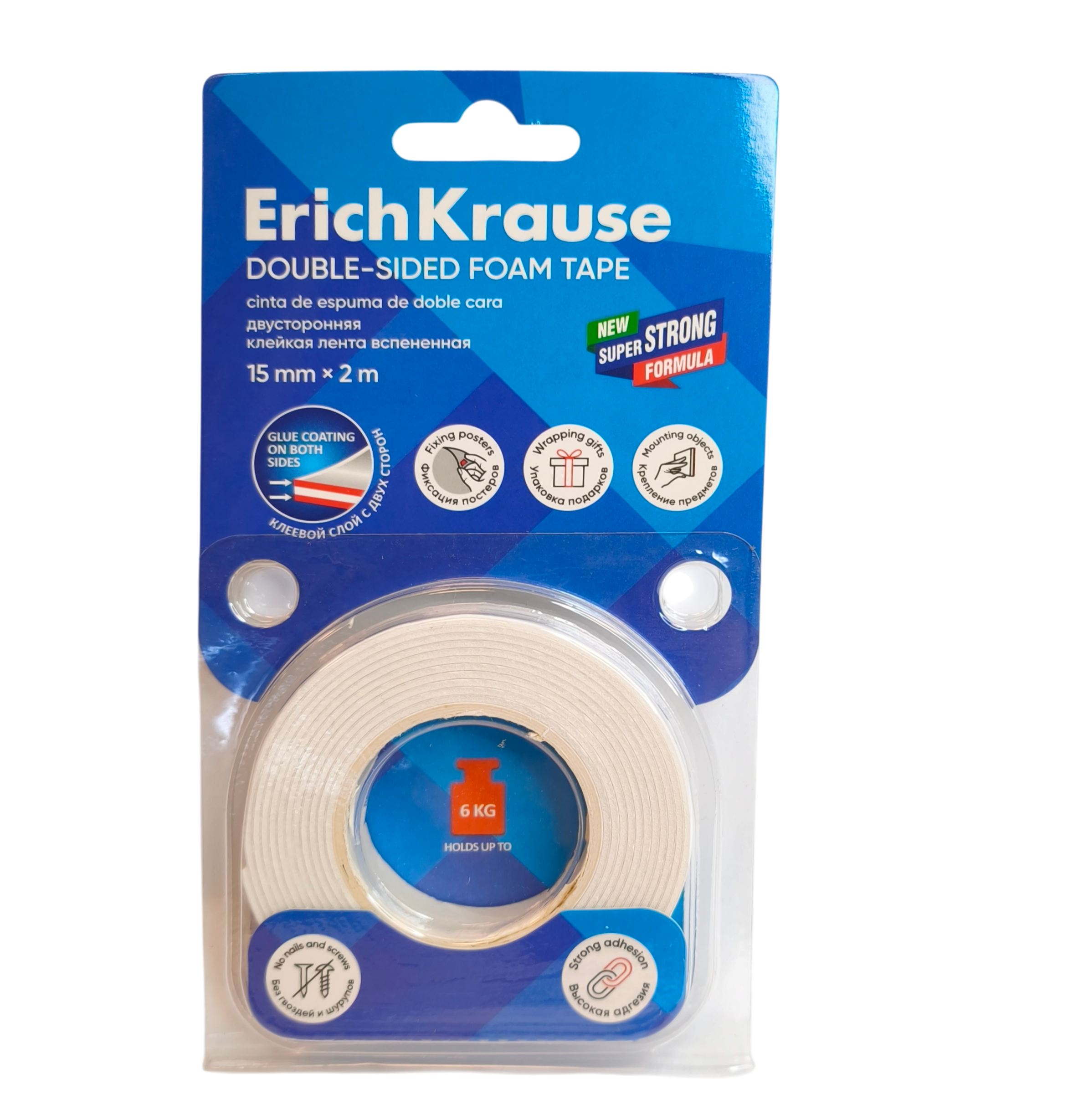 Kleeplint kahepoolne vahtteip Erich Krause 15mmx2m 1mm riputuspakis