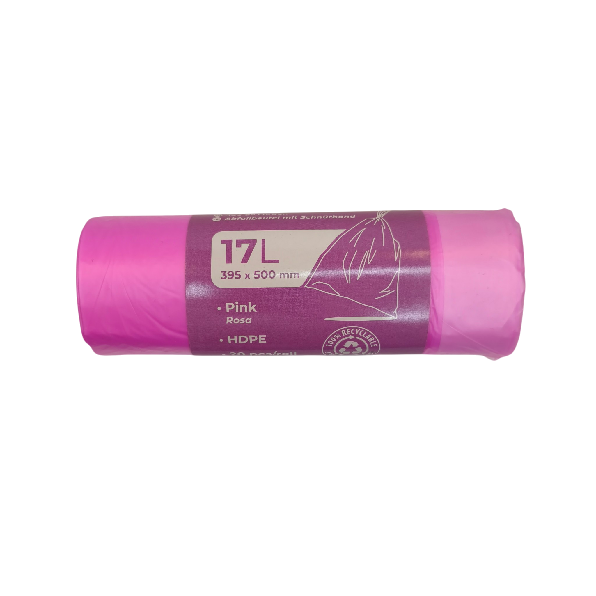 Prügikotid hdpe 17L nööridega 395x500mm roosa 20tk/rll 60rll/kastis