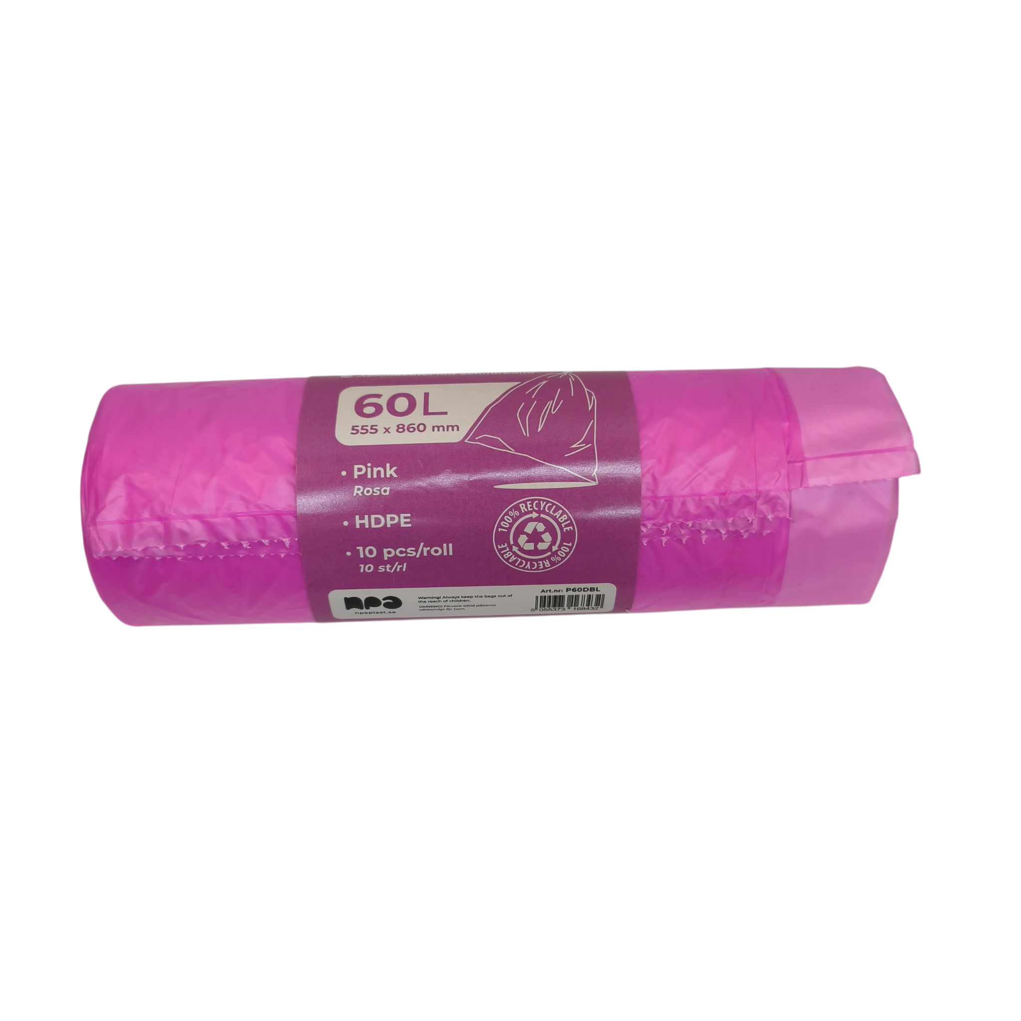 Prügikotid hdpe 60L nööridega 555x860mm roosa 10tk/rll 40rll/kastis