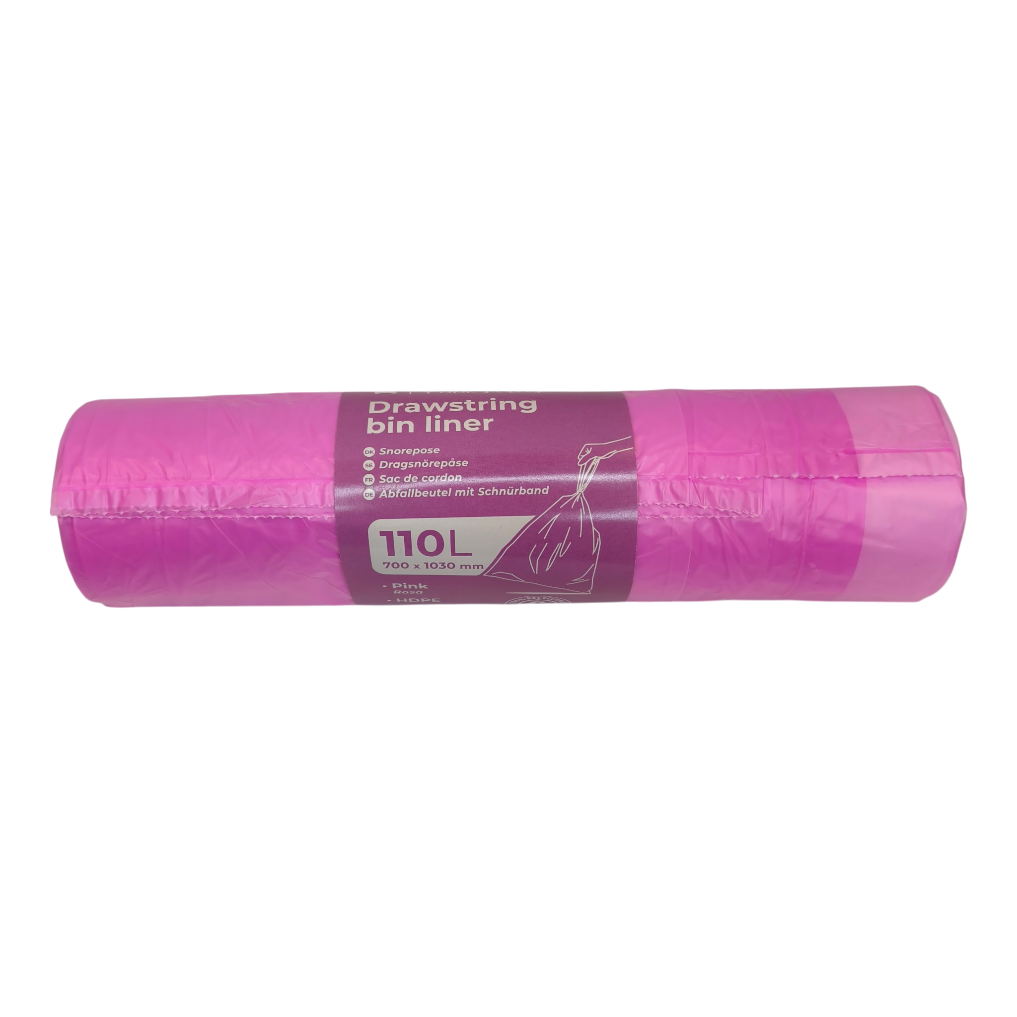 Prügikotid hdpe 110L nööridega 700x1030mm roosa 10tk/rll 32rll/kast