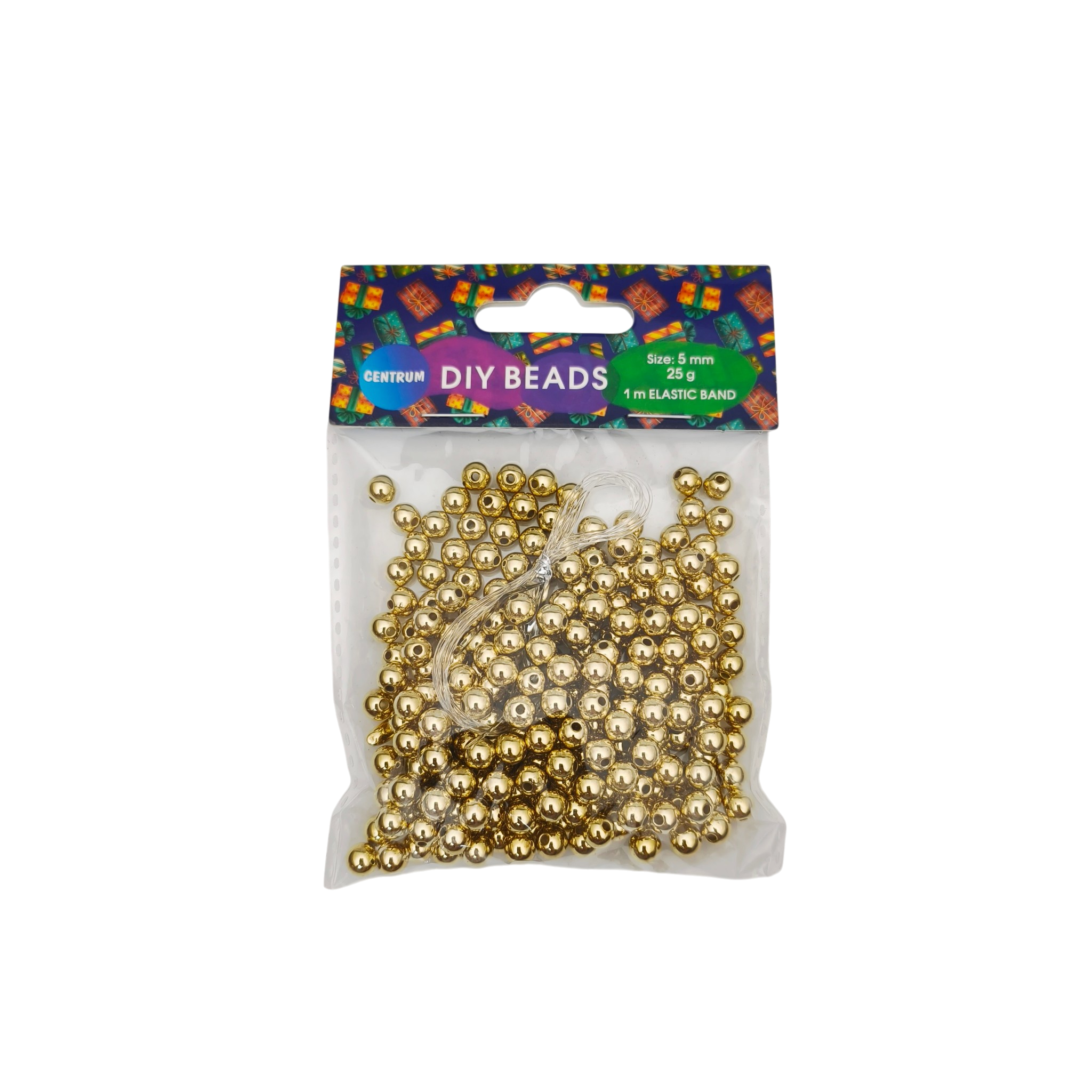 Pärlid 5mm kuldsed 25g pakis + 1m elastik pael 1 pk